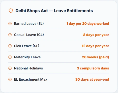 delhi shops act leave entitlements