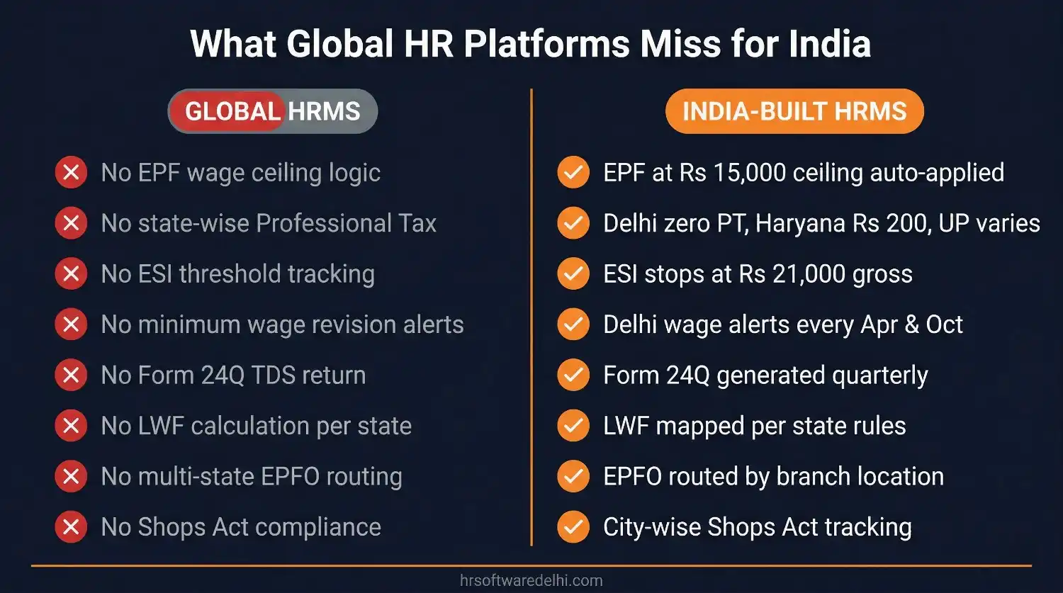 Comparison of global HRMS platforms versus India-built HR software showing 8 compliance features that global platforms miss