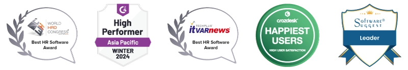 HR Software Delhi by factoHR: Awards and Recognition including G2 High Performer, Capterra, Software Suggest, World HRD Congress, and Crozdesk Happiest Users